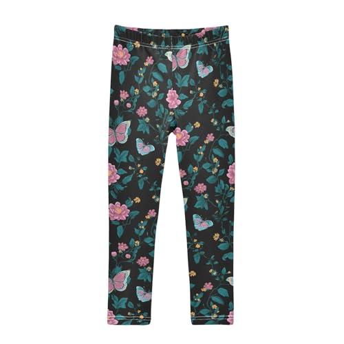 Pink Flower Butterfly Girls Leggings Ultra Soft Compression Yoga Gym Pants for Kids 4-10T