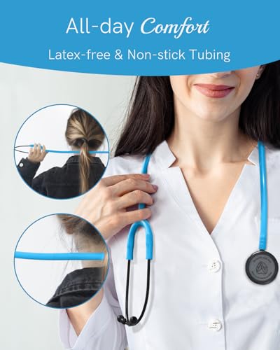 Image of FriCARE Dual Head Stethoscope - Stethoscopes for Nurses, Medical Nursing Students, Paramedics /EMT /LVN /VNA Backup Estetoscopio, Sky Blue Tube, Matte Black Finish Chestpiece
