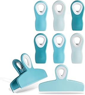 COOK WITH COLOR Set of 8 Bag Clips- 2 Large Heavy Duty Chip Clip and 6 Refrigerator Magnet Clips for Food Storage with Air Tight Seal Grip for Snack Bags and Food Bags (Light Blue Ombre)