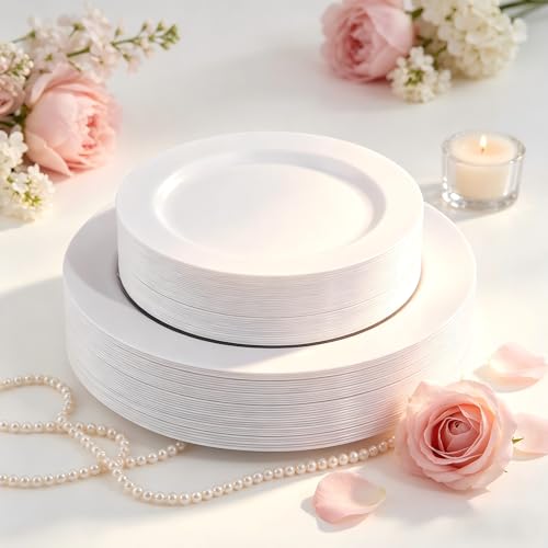 FLOWERCAT 60PCS White Plastic Plates - Heavy Duty White Disposable Plates for Mother's Day/Birthday Party/Wedding -serve for 30 guests Include 30PCS 10.25' & 30PCS 7.5' Plates for Party