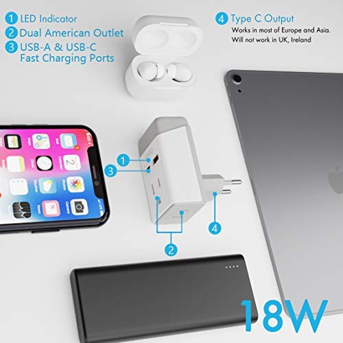 Image of Ceptics Italy, Chile Travel 2 Pack Plug Adapter QC 3.0 & PD, Safe Dual USB & USB-C - 2 USA Socket Compact & Powerful - Use in Rome, Milan, Greece - Type C, Type L - Fast Charging (AP-9C-12-PK)