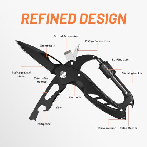 Carabiner Multitool 9-in-1 EDC Pocket Knife, Hexwrench, Saw, Screwdriver, Bottle Opener, Breaker, Survival Gear for Camping Climbing, Christmas Gifts for Men Women, Stocking Stuffers (Black) - Image 5