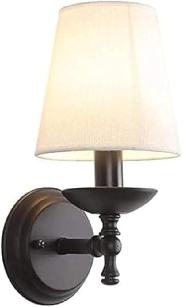 Nowoczesna wewnętrzna lampa ścienna E14, prosty i elegancki styl vintage industrialny, z białym kloszem z tkaniny i antycznym ramieniem z kutego żelaza.