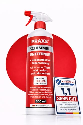 PRAXS® Profi Schimmelentferner mit Kriecheffekt 500 ml |Anti Schimmel Spray mit 2,4{8c269eeaa7c1e2f80c297c7068fa1d299c5d87a2358d21adba7530851cd5adfb} Aktiv-Chlor für Wand, Bad, Fliesen & Silikonfugen gegen Stockflecken & Pilze | Schimmelspray Made in Germany PRAXS® Profi Schimmelentferner mit Kriecheffekt 500 ml |Anti Schimmel Spray mit 2,4{8c269eeaa7c1e2f80c297c7068fa1d299c5d87a2358d21adba7530851cd5adfb} Aktiv-Chlor für Wand, Bad, Fliesen & Silikonfugen gegen Stockflecken & Pilze | Schimmelspray Made in Germany