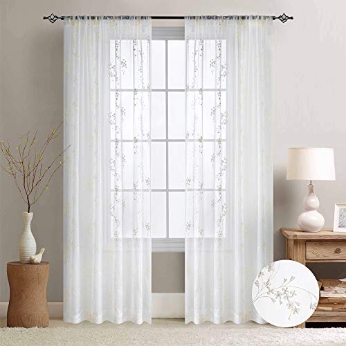 Floral Embroidered Sheer Curtains for Bedroom Drapes Semi Sheer Curtains for Living Room Embroidery Curtain Panels 84 inches Long Grommet Top 2 Pieces, Ivory