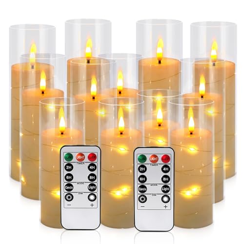 Image of Pack of 12 Ivory Flickering Flameless Candles (D2.2 X H 5 inch 6 inch 7 inch) Battery Operated with Remote, White LED Pillar Candles with Realistic Moving Wick for Halloween, Christmas, Home Decor & Wedding.