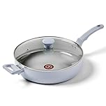 T-fal Refresh Ceramic, Ceramic Non Stick Jumbo Cooker w/Lid 5 Quart, Oven Broiler Safe 350F, Cookware, Kitchen, Deep Frying Pan w/Handle, Saute Pan, Healthy Cooking, Skillet, Pots and Pans, Blue