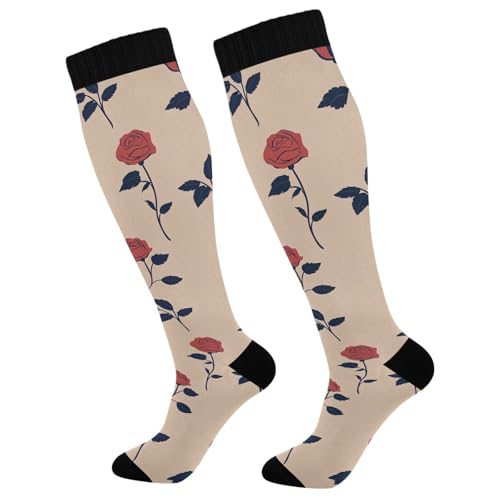 Wassud Elegant Rose Art Compression Socks for Women and Men 20-30 mmHg Knee High Socks for Nurses Travel 1 Pair
