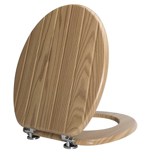 Angel Shield Wooden Toilet Seat Antibacterial Adjustable Hinges Wooden Toilet Seat Fits Never Slips for Bathroom (Classic, Striped Oak)