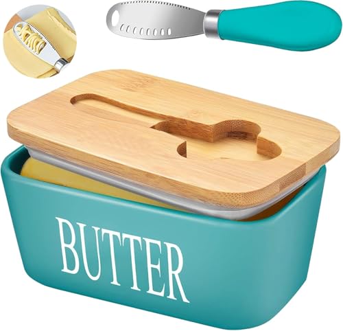 Image of Ceramic Butter Dish with Wooden Lid, Airtight Butter Keeper for Counter or Fridge with Stainless Steel Multipurpose Butter Knife, Butter Container with Double High-Quality Silicone(Light Blue)