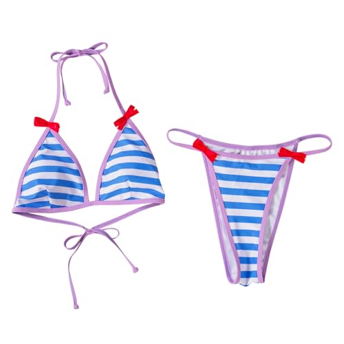 Diajosa cos Mememe Cosplay Costume Blue and White Stripe Bikini Japanese Style Cute 2 Piece Swimsuit Bathing Suit for Women (Blue, L)