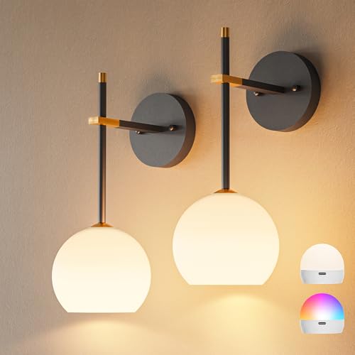 Image of Black Gold Battery Operated Wall Sconces Set of 2, Rechargeable Wireless Wall Lights with Milky White Frosted Glass, 12 RGB and 3CCT Dimmable, Wall Lamps with Remote for Bedroom Living Room Hallway
