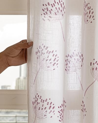 Image of THE LINEN COMPANY Cotton Linen Solid Sheer Small Window Curtain Set with Steel Eyelet Rings, 4 Feet, Wine Dandelions, Pack of 2 Pcs