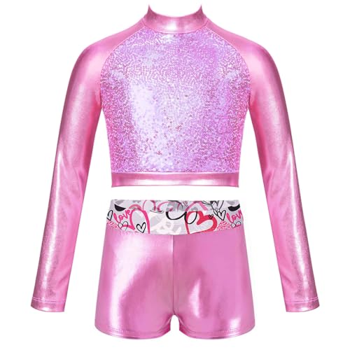 Girls Shiny Dance Clothes Suit Turtleneck Crop Top with Booty Shorts Athletic Outfits for Gymnastics Workout Tracksuit