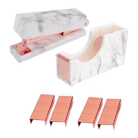 Marble Desk Accessory,Marble White Office Supplies Set- Stapler | Tape Despenser | Staples(Rose Gold) Cover