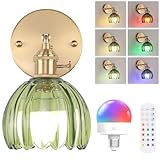 Shenmoyl Vintage Battery Operated Wall Sconce with Cute Green Tulip Glass Lampshade Wireless Rechargeable Battery Powered Wall Light with Remote Control for Bedside Bedroom Doorway