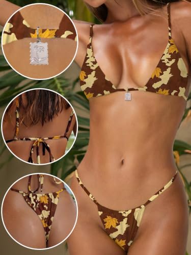 Image of OWICA Women's Sexy Triangle Bikini Sets Cheeky Thong Swimsuit Adjustable Spaghetti Straps Bathing Suit