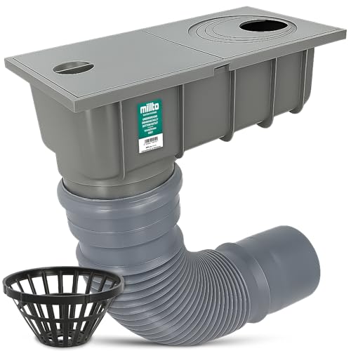 Millto Regensinkkasten 110 mm Regenwasserablauf Dachrinnenablauf Hofablauf Regenrohrablauf Sinkkasten Entwässerung Kontrollschacht mit Sieb und Flexibles Rohr 340-400 mm Grau