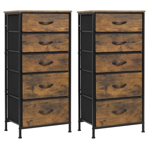 WOLTU Commode, Meuble de Rangement, Lot de 2, Chiffonnier avec 5 Tiroirs en Tissu, Armoire, en MDF Cadre en métal, Marron Rustique, Style Industriel Vintage,...