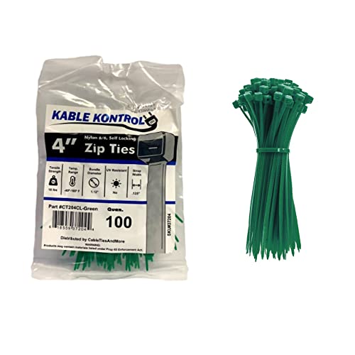 Kable Kontrol Green Zip Ties 4 Inch 100 Pcs, 18 Lbs Tensile Strength, Self-Locking Nylon Colored Cable Ties Wire Wraps For Indoor Or Outdoor Use #TOP11