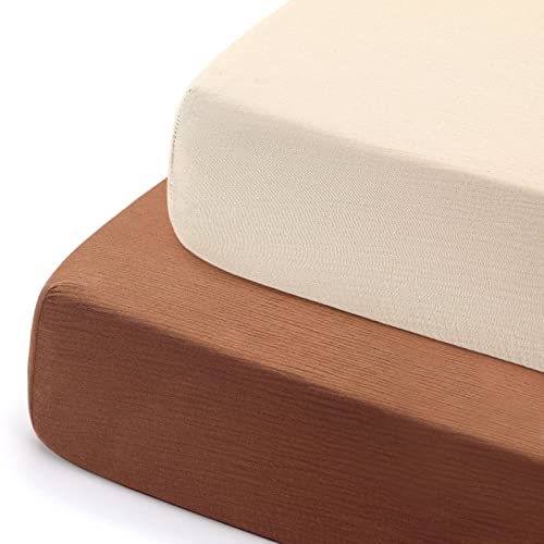 Image of GRSSDER 100% Cotton Muslin Crib Sheet 2 Pack - Breathable & Ultra-Soft Fitted Crib Sheets for Standard Baby & Toddler Mattresses, 52 inchx28 inch with 9 inch Deep Pocket, Snug Fit All-Around Elastic