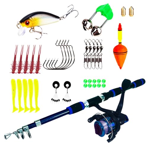 Mbiyhgta - COMBO DE POSE DE TROUPE - Kit de canne à rotation compacte, ensemble de moulinets télescopique | Forfait de pêche complet portable, Hooks de carreaux de transport Gears pour les pêcheurs à la ligne ex