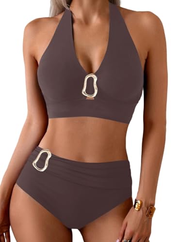 Herseas Womens High Waisted Bikini Sets Adjustable Strap V Neck Two Piece Swimsuits Crisscross Back Metal Ring 2026 Summer Bathing Suits Fashionable Cruise Outfits Brown Large