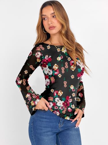Prinbara Womens Bell Long Sleeve Tops Mesh Floral Boat Neck Double Lined Sheer Night Out Date Skinny Shirts 2025 Fall Clothes2