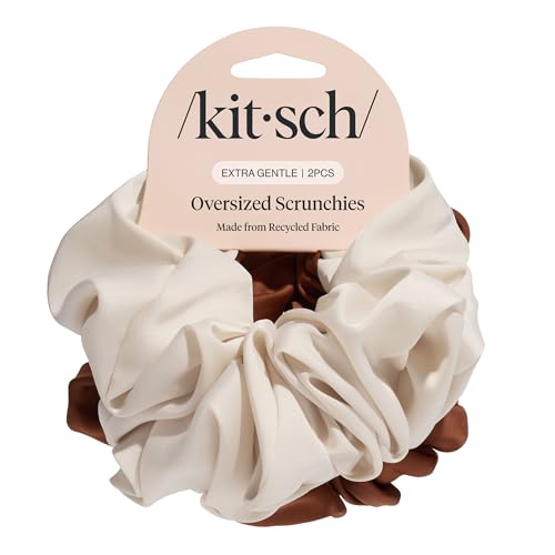 Image of Kitsch Recycled Satin Oversized Scrunchies - Large Hair Scrunchies for Women, Eco-Friendly Hair Ties & Ponytail Holders | Ideal Gifts for Women - Camel & Cream, 2pc Set