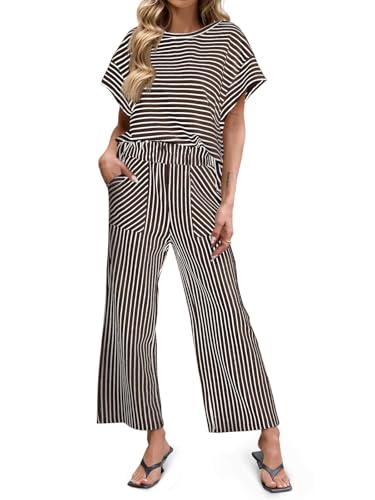 Image of Tankaneo Womens Striped 2 Piece Sets Short Sleeve T Shirts Wide Leg Pants Matching Lounge Set with Pockets