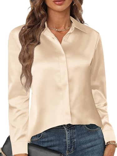 Zeagoo Blusa de Satén para Mujer Elegante Cuello en V Blusas de Manga Larga con Botones Parte Superior Informal Sólida Suelta Beige L