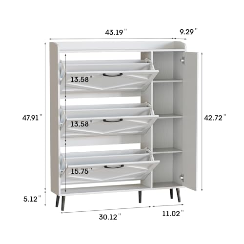 Image of Maupvit Shoe Cabinet with 3 Flip Drawers & Mirror, Hidden Shoe Storage Cabinet with 5 Wooden Legs, Slim Shoe Rack Cabinet with Shelves and Door for Entryway, Hallway, Living Room, White