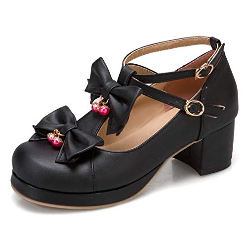 VOKLIN Women's Girls Sweet Bow Lolita Mary Janes Pumps T-Strap Platform Block Mid Heels Oxford Dress Shoes