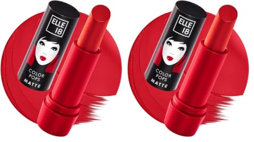 Image of Elle 18 Color Pops Matte Lipstick, Selfie Red, Moisturising Bullet Matte, with Vitamin E, Highly Pigmented, Infused with Jojoba Oil and Shea Butter | 4.3 g (Pack of 2)