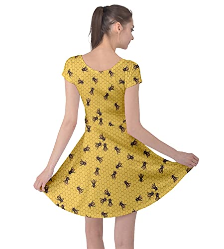 Cowcow Yellow Pattern Of The Bee On Honeycombs Cap Sleeve Dress, Yellow-L #TOP1