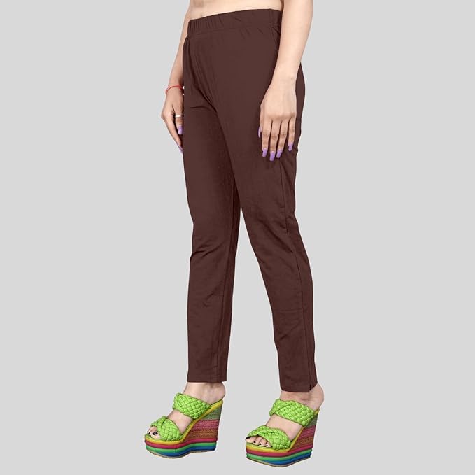 Image of Women's Solid Cotton Lycra Pants-High Waist Slim Fit Stretchable Leggings - Comfortable Long Trousers for Casual, Office & Everyday Wear