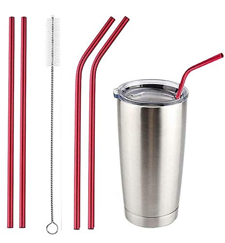 Image of STAR WORK - 4 Stainless Steel Long Reusable Metal Straws for Drinks with 1 Cleaning Brushes Drinking Straws for Travel,Kids,Home,Bar (RED)