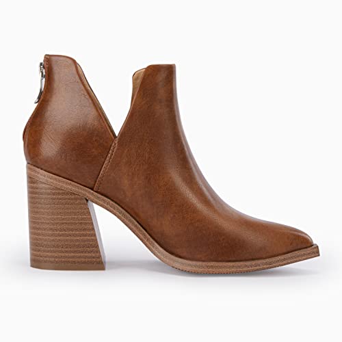 FISACE Womens Pointed Toe Stacked Mid Heel Ankle Boots V Cut Back Zipper Faux Leather Booties by FISACE - Image 5