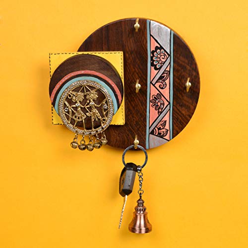 Image of AAKRITI ART CREATIONS Key Holder, Handcrafted Madhubani Dhokra Art Key Hanger | Rustic Wood Wall Organizer with 4 Hooks | New Home Gifts | Multifunctional Entryway Decor Item