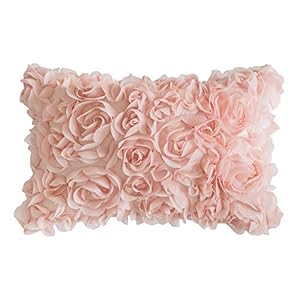 MIULEE 3D Decorative Spring Romantic Stereo Chiffon Rose Flower Pillow Cover Solid Square Pillowcase for Sofa Bedroom Car 12×20 Inch 30x50cm Peach Pink Wedding Gifts Valentines Day