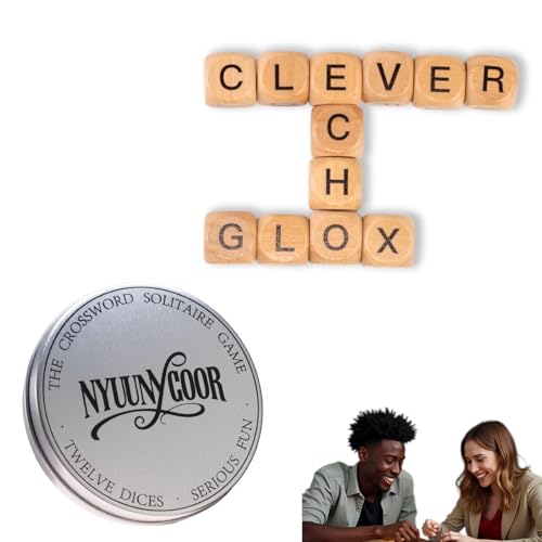 NYUUNYCOOR Crossword Solitaire Dice Game 14 Letter Q Missing Word Spelling Origin Dice Game with Manual q Absent Less Wooden Letter Tiles Board Games for Camping with Metal Case & Pouch