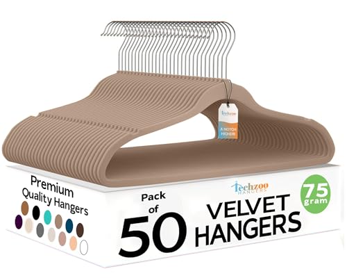 Image of Techzoo 50 Pack New Premium Quality Velvet Hangers Ultra Thin Non Slip Adult Felt Space Saving Hangers for Closet Heavy Duty Coat Pants Dress Hangers 360 Swivel Hook Hold Upto 10 lbs Warm Taupe