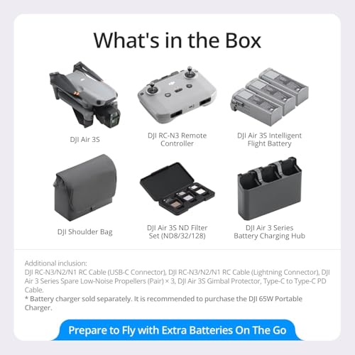 Image of DJI Air 3S Fly More Combo Drone (RC-N3 Screen Remote Controller), Wide-Angle & Medium Tele Camera for Adults, Omnidirectional Sensing & 3 Batteries for Extended Flight Time + Complete Accessory Bundle