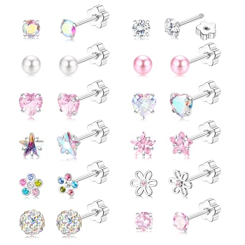 JeweBella 12/14Pairs Flat Back Earrings Stud Earrings for Women Girls Kids Surgical Steel Hypoallergenic Pearl Flower Heart CZ Cute Pink Earring Set Screw Back Sleeper Earring 20G