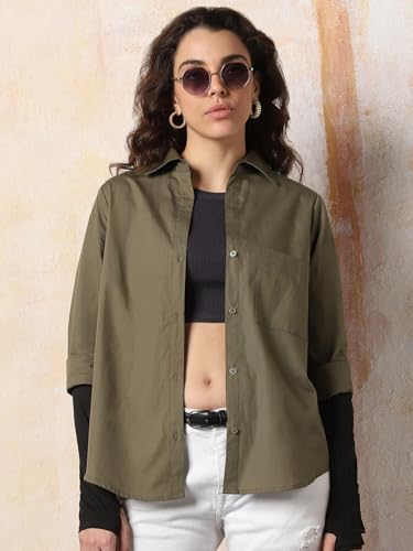 Image of HIGH Star Oversized Solid Cotton Shirt for Women | Stylish Tops for Women | Comfortable and Trendy Casual Shirt