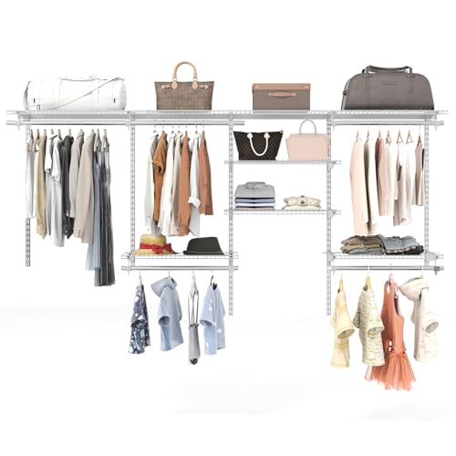 Giantex Closet Organizer System, Wall-mounted Custom Closet Kit w/Adjustable Storage Shelves, Wardrobe Clothes Rack w/Hanging Rods, Perfect for Coats, Pillows, Blanket (White, 98.5'x13.5'x48)