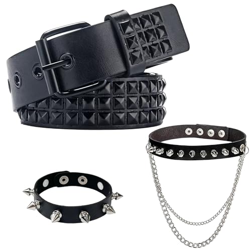 FunnAura Studded Belt Set, Punk Accessories with Black Bullet Belt Goth Choker and Emo Spiked Bracelets for Women Men