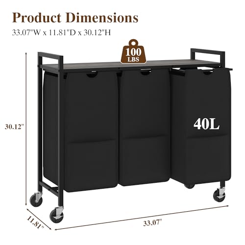 3-Section Laundry Hamper with Shelf, Pull-Out Removable 12.8 gal(48L) Bags, Metal Frame Laundry Sorter Movable Wheels and 3 Compartments, Grey Board, Black by GarveeHome - Used condition - Image 7