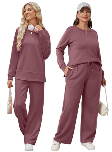 Image of OFEEFAN Women's 2 Piece Lounge Set Travel Airport Outfits Side Slit Tracksuit Wide Leg Loungewear Baggy Comfy Sweatsuit S-3XL