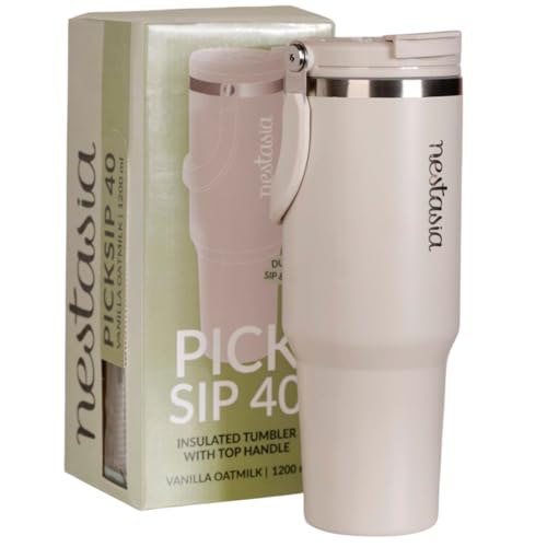 Image of Nestasia PickSip40 Tumbler with Straw & Top Handle 1.2L | Insulated Stainless Steel Sipper Water Bottle for Adults with Dual Flip Opening Sip-Swig Leakproof Lid for Office & Gym (Vanilla Oatmilk)